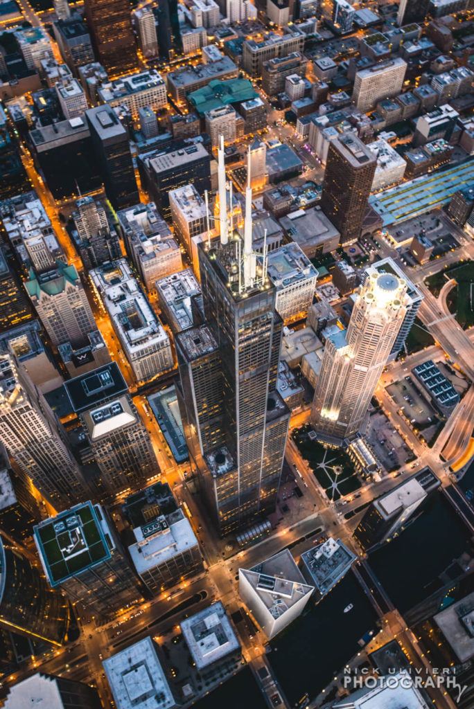 Dusk settles in over Willis Tower aerial