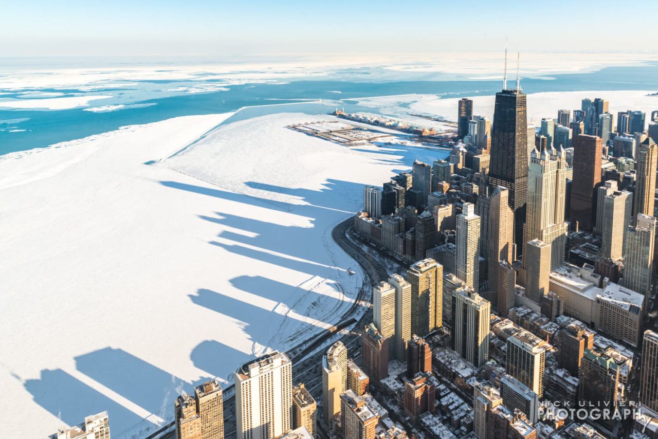 Ice covers Lake Michigan aerial image