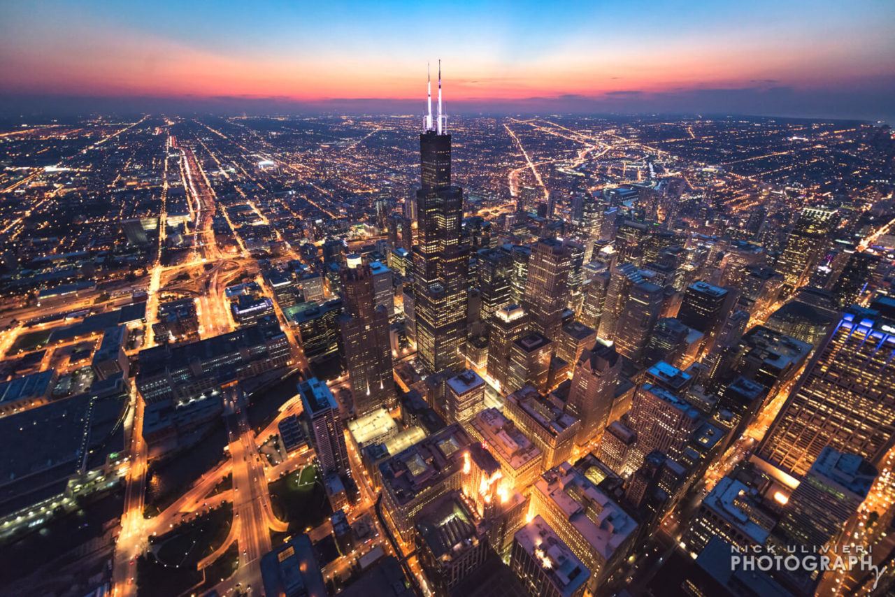 Dusk settles over Chicago aerial