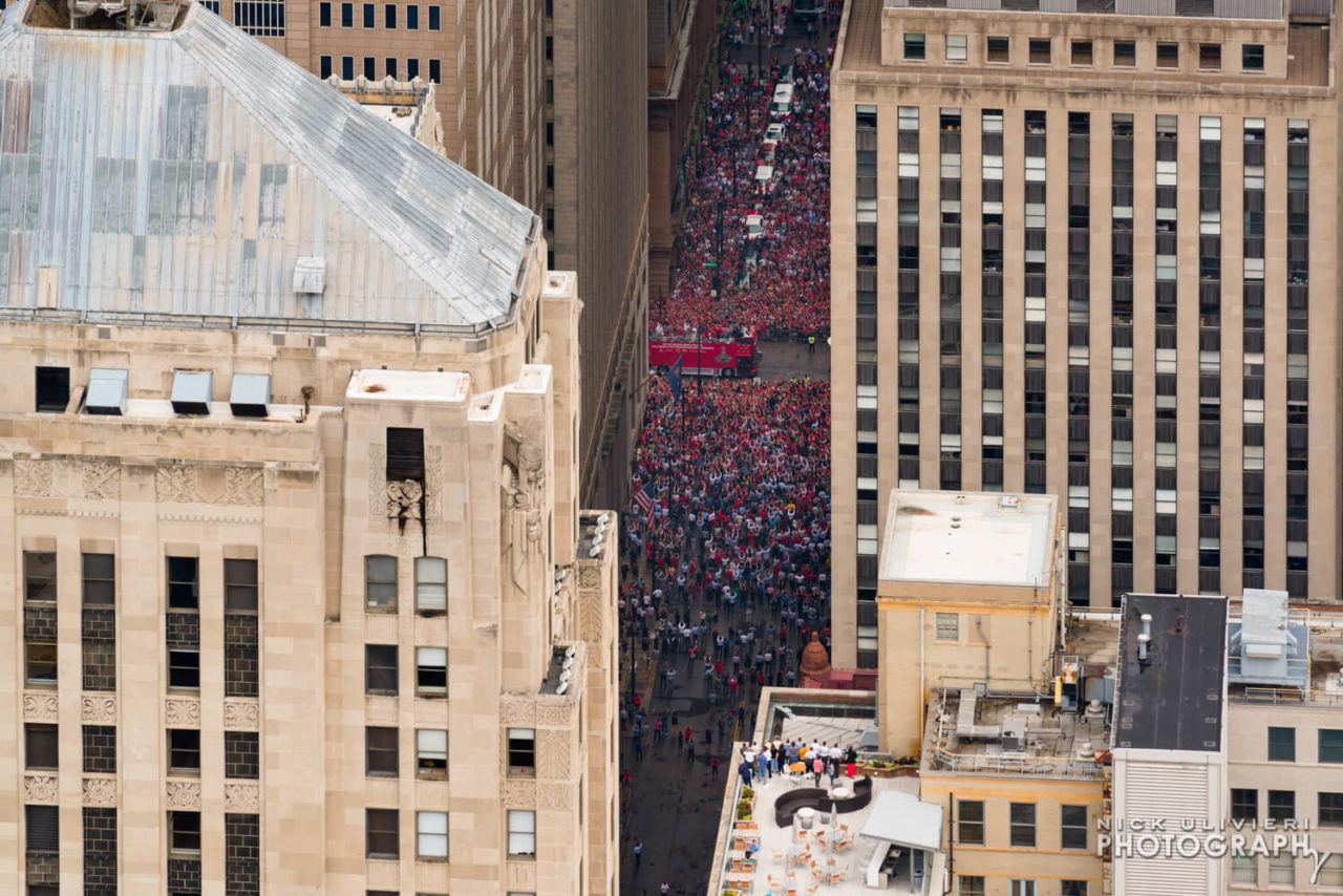 Hovering over the Blackhawks Stanley Cup parade aerial