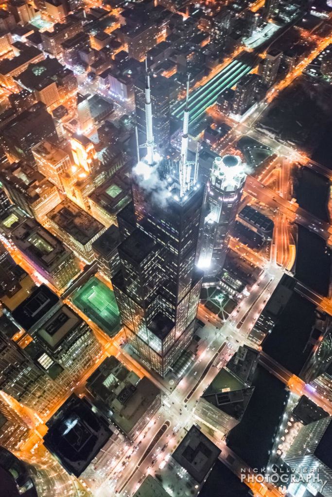 Willis Tower at night aerial