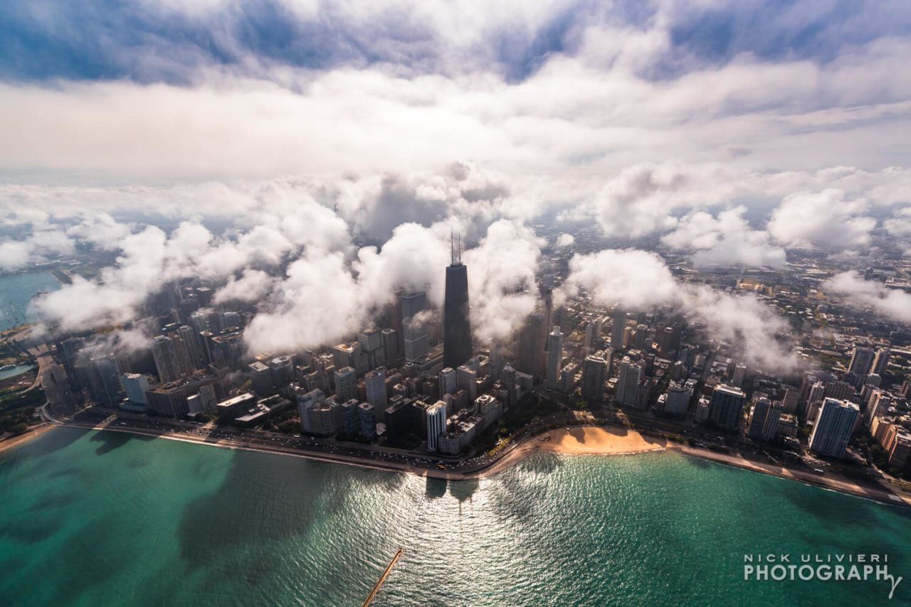 Fog invades Chicago aerial