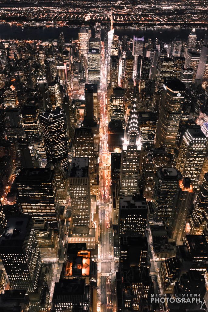 Nighttime aerials over 42nd street in NYC