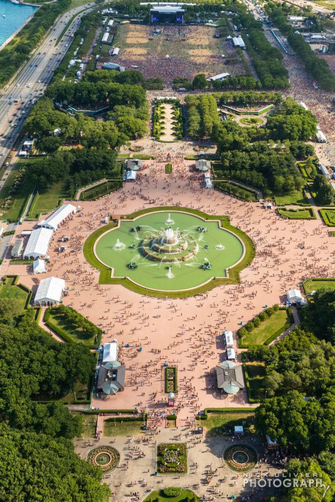 Buckingham Fountain aerials during Lollapalooza