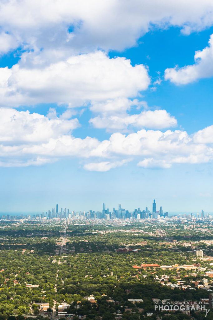 Aerial views of the Chicago skyline from Oak Park