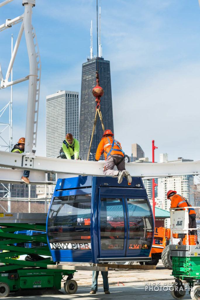 Installing the gondolas on Navy Piers new Ferris wheel  For Navy Pier