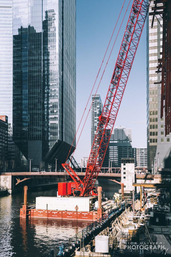 A barged crane in use for 110 N Wacker