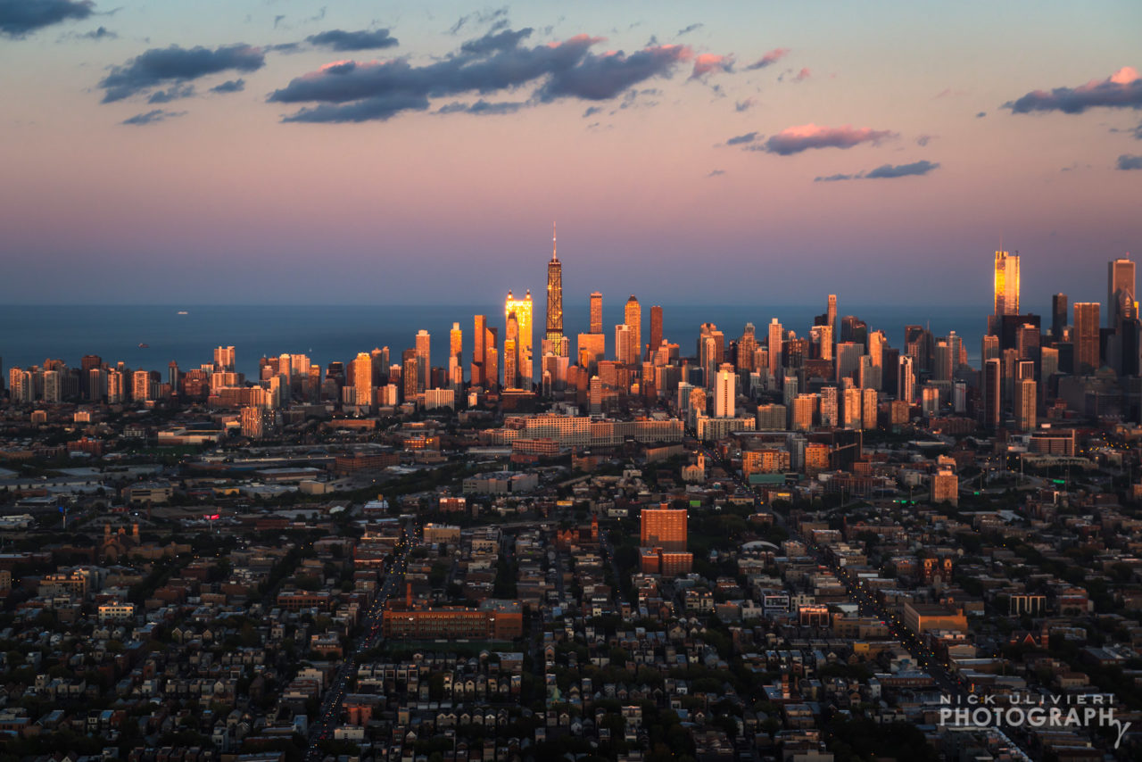 The Chicago skyline lit by sunset