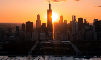 Sunset behind the skyline on the fall equinox