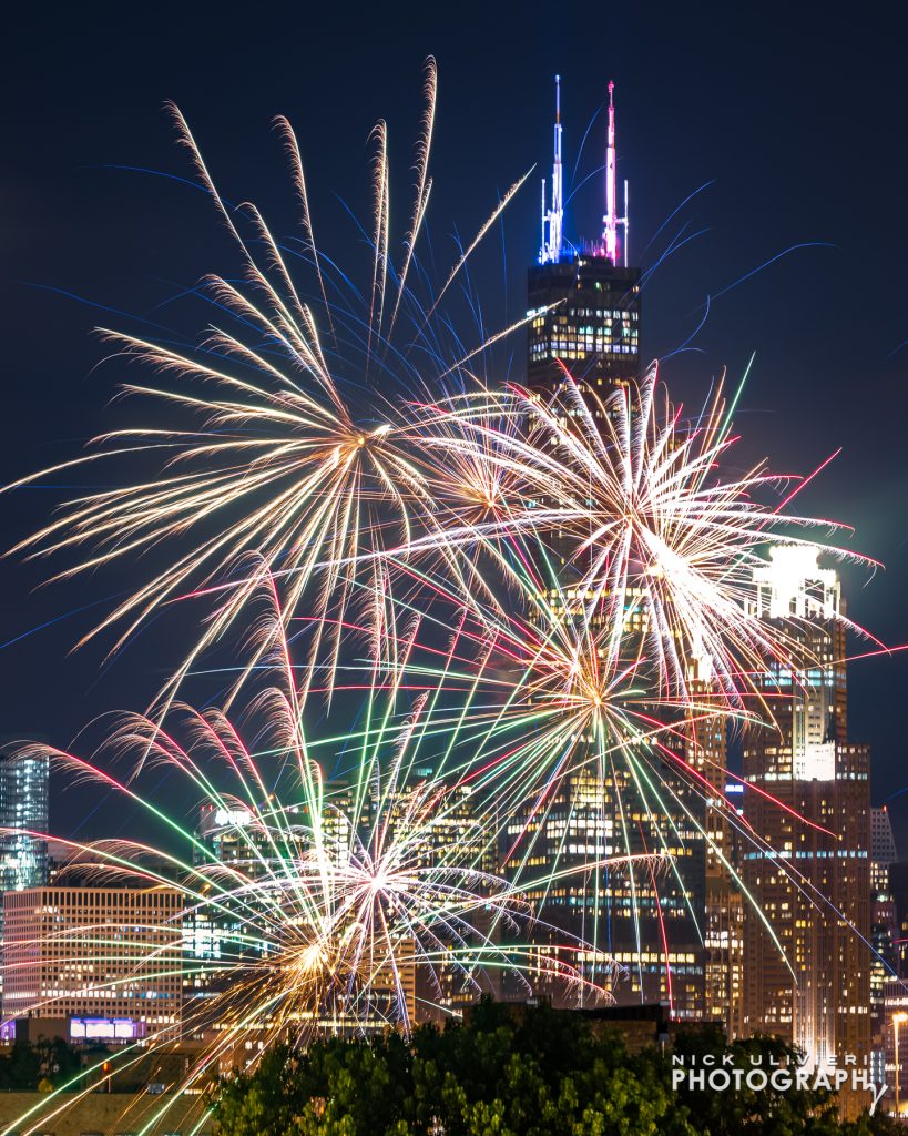 A multi-frame composite of fireworks bursting in front of the skyline