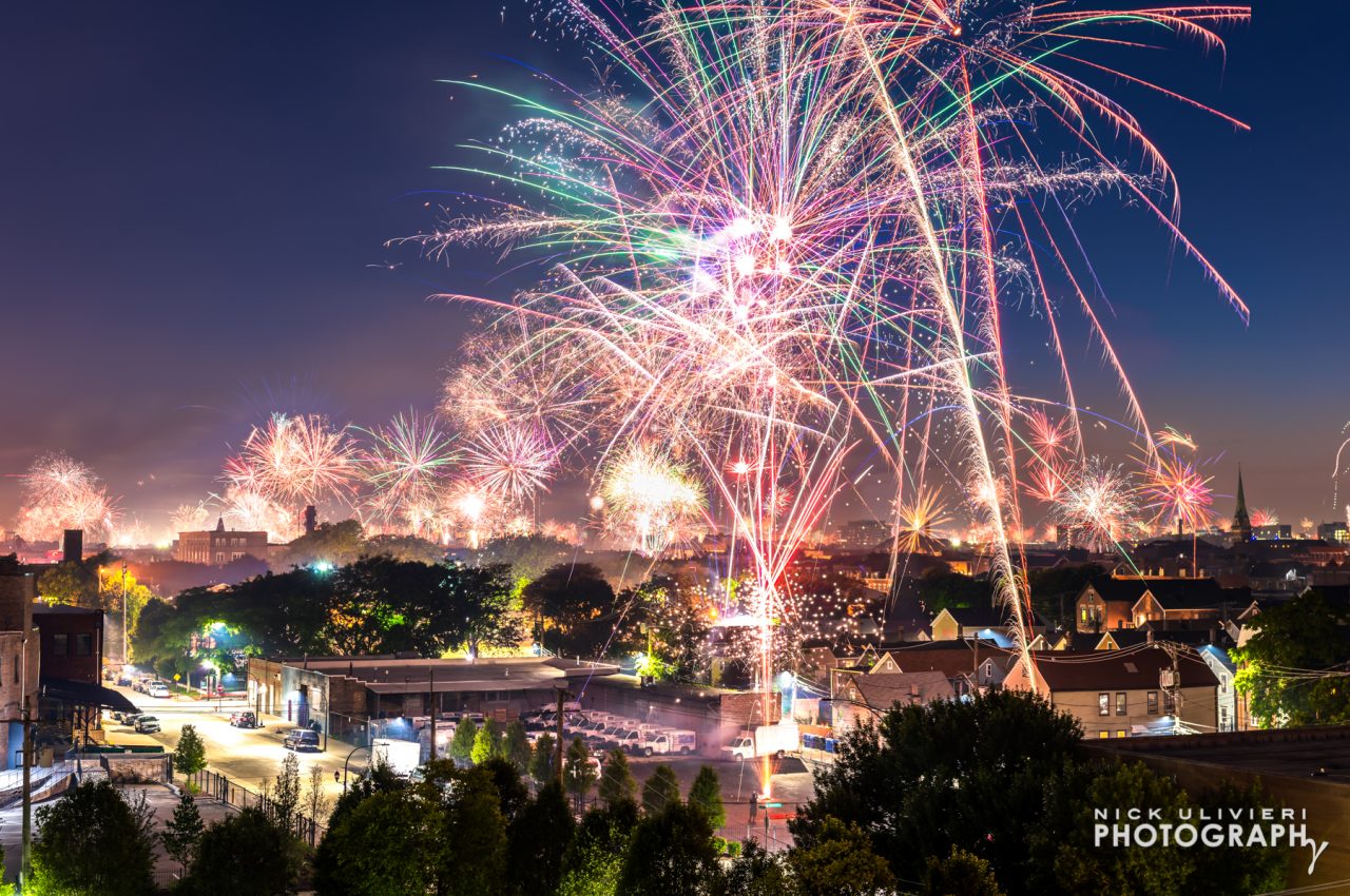 A multi-frame composite of the fireworks show over Pilsen