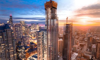 An image of the One Chicago development blending sunset with blue hour