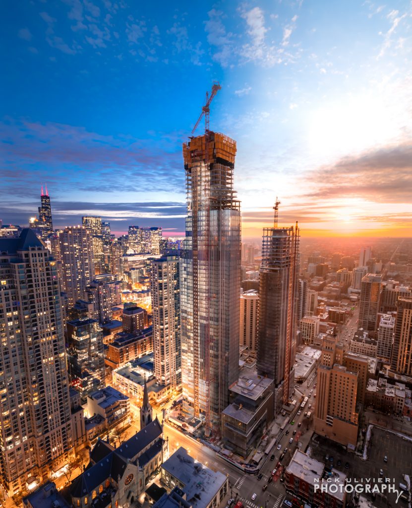 An image of the One Chicago development blending sunset with blue hour