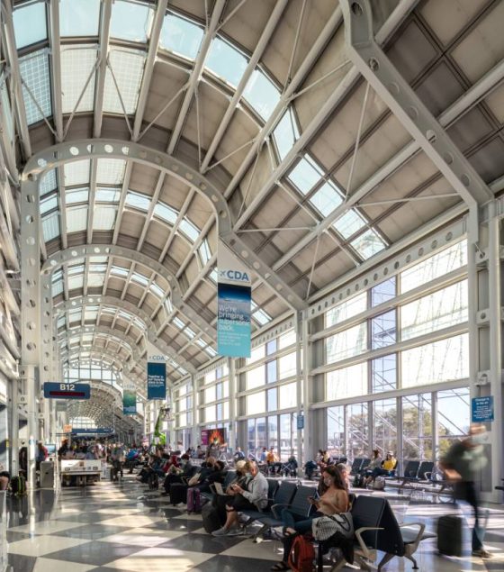 Terminal 1's original glass and discolored ceiling panels