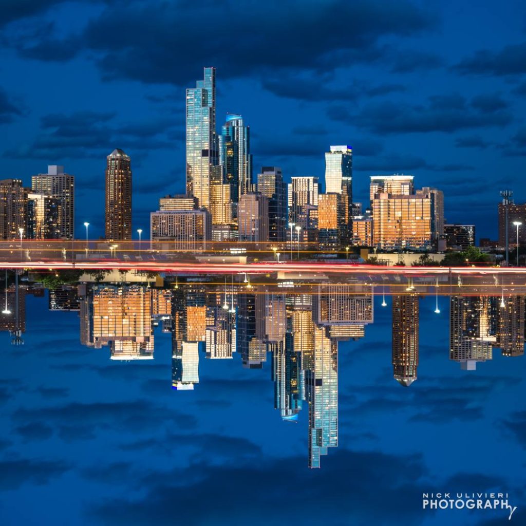 A digital mirror-images created of the South Loop glowing at sunset