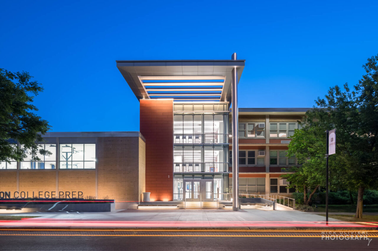 Johnson College Prep lit up in the evening