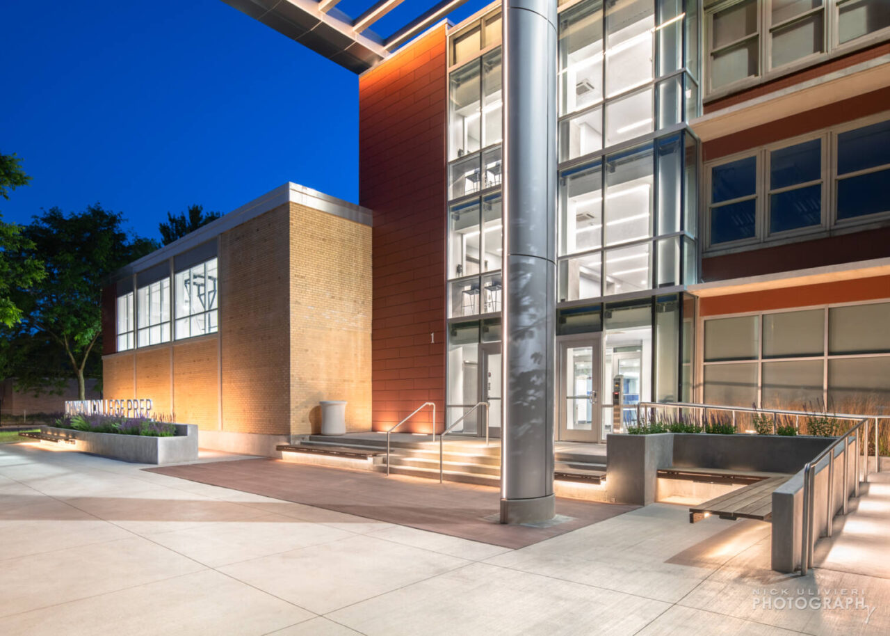 Johnson College Prep lit up in the evening