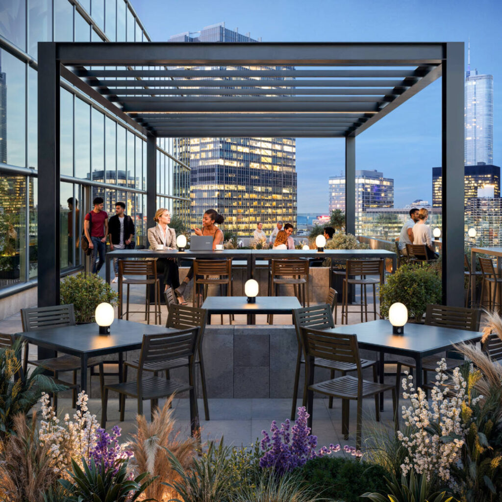 A rendering of a rooftop patio atop 333 W Wacker in Chicago