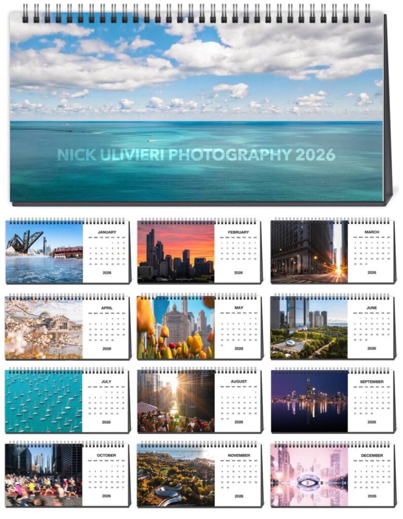 Month by month breakdown of Nick Ulivieris 2026 Desktop Calendar featuring various photos of Chicago